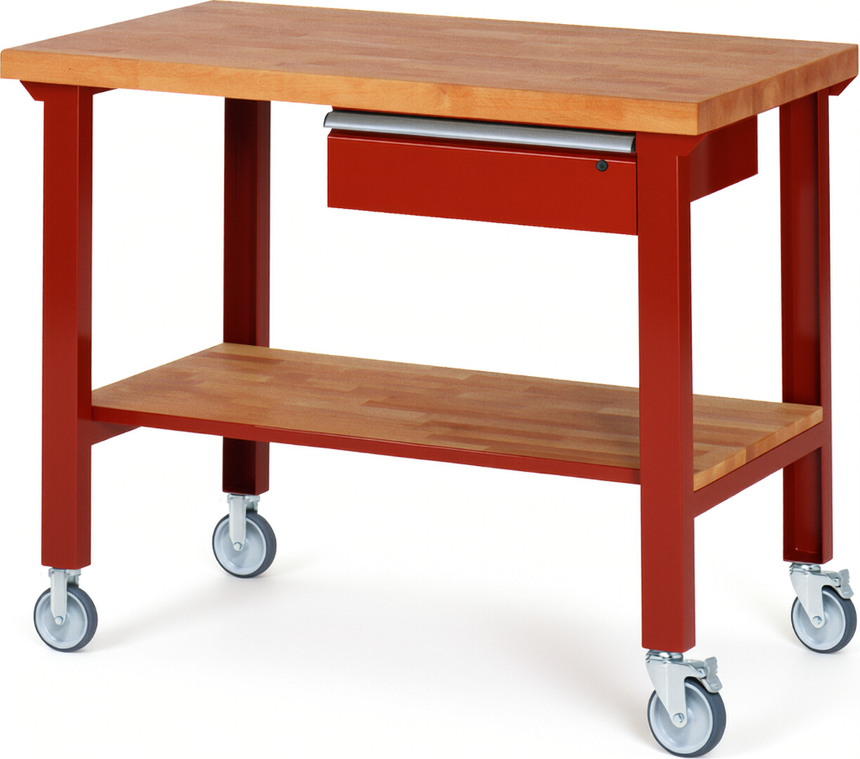 Fahrbare Werkbank Modell 7001 rot, BxTxH 1250x700x1000 mm,  Buche-Massiv Arbeitsplatte 40 mm,  1 Schublade mit  Auszug 90 %