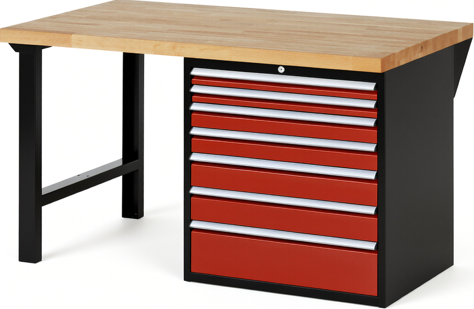 RAU Werkbank schwarz - rot - Breite 150 cm - Tiefe 90 cm - Höhe 89 cm - Buche-Massiv Arbeitsplatte 40 mm