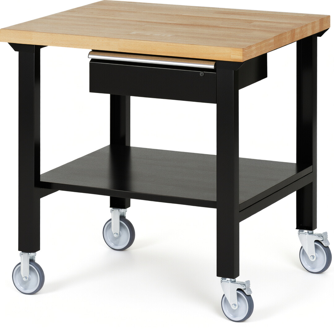 RAU Werkbank schwarz - Breite 100 cm - Tiefe 90 cm - Höhe 100 cm - Buche-Massiv Arbeitsplatte 40 mm