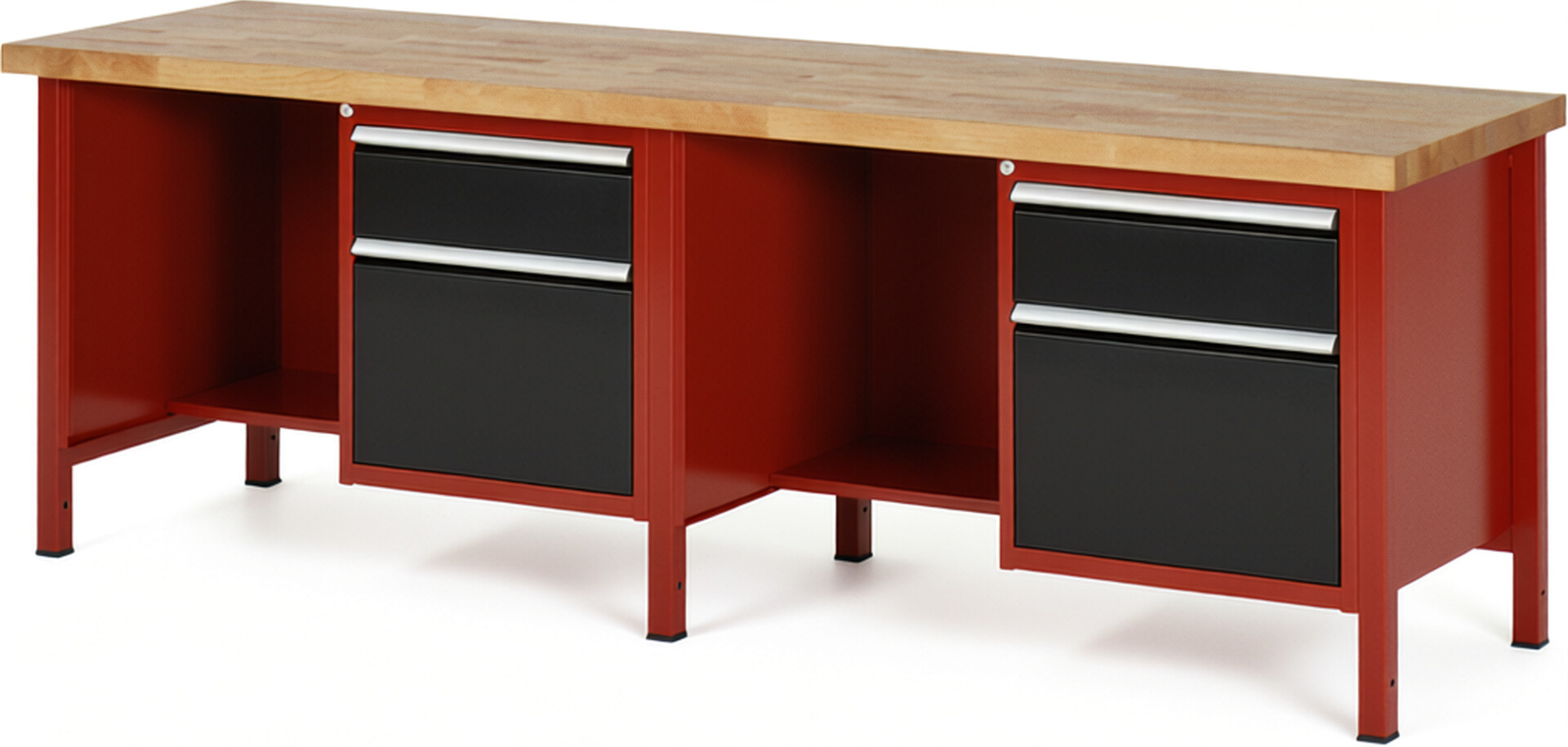 Werkbank Modell 8451 rot - schwarz, BxTxH 2500x700x840 mm,  Buche-Massiv Arbeitsplatte 40 mm,  4 Schubladen mit  Auszug 90 %