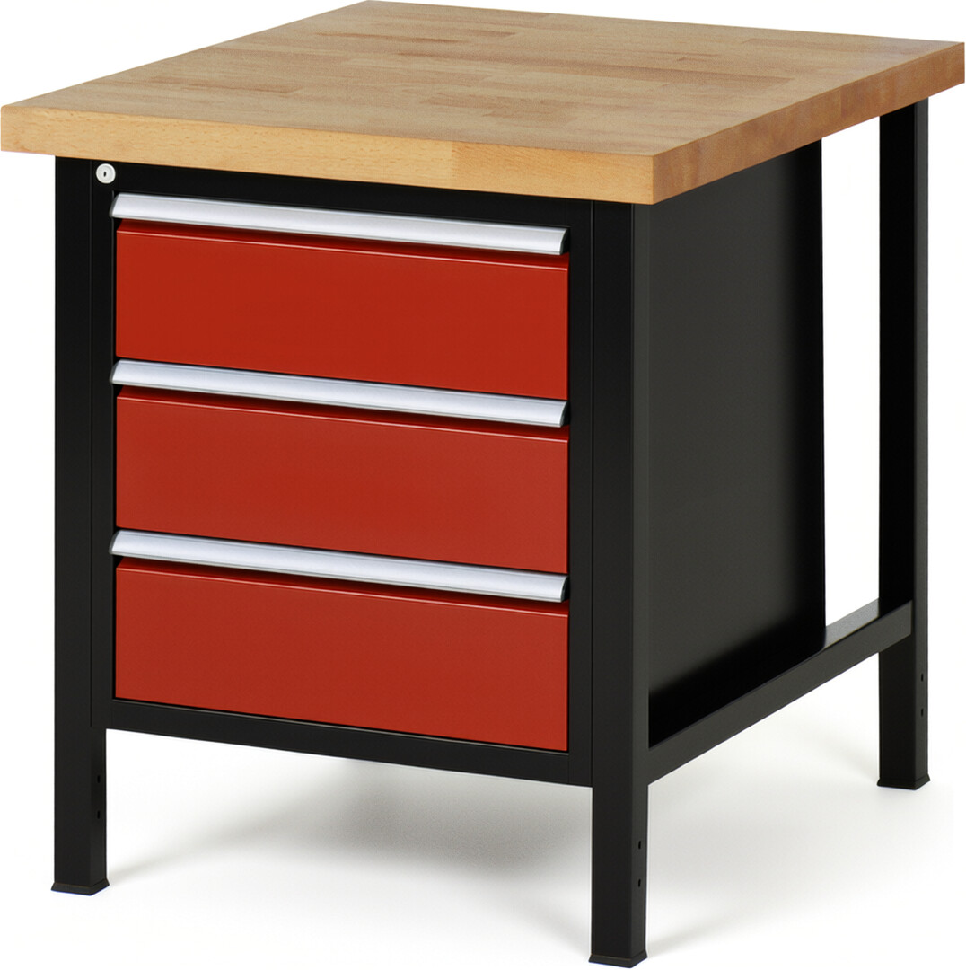 Werkbank Modell 8157 schwarz-rot, BxTxH 750x900x840-1040 mm,  Buche-Massiv Arbeitsplatte 40 mm,  3 Schubladen mit  Vollauszug 100 % und  SoftClosing