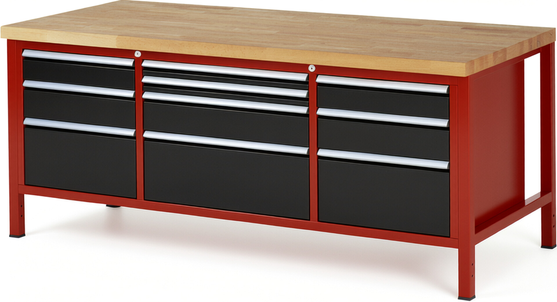 Werkbank Modell 8756 rot - schwarz, BxTxH 2000x900x840 mm,  Buche-Massiv Arbeitsplatte 40 mm,  10 Schubladen mit  Vollauszug 100 % und  SoftClosing