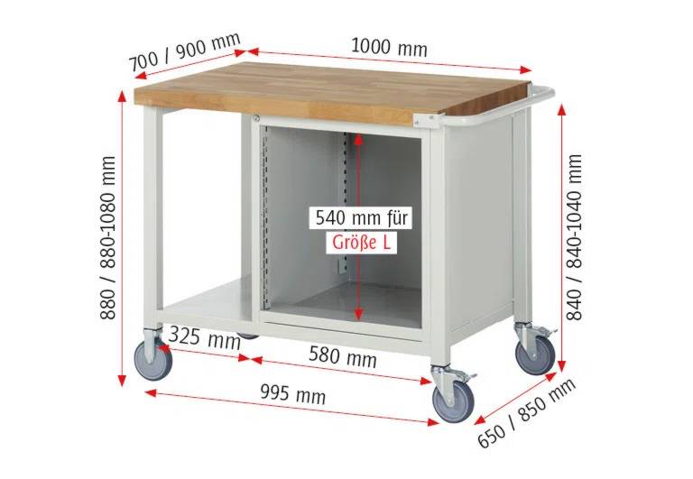 Fahrbare Werkbank Modell 8152 schwarz, BxTxH 1000x700x880-1080 mm,  Buche-Massiv Arbeitsplatte 40 mm,  1 Schublade mit  Vollauszug 100 % und  SoftClosing
