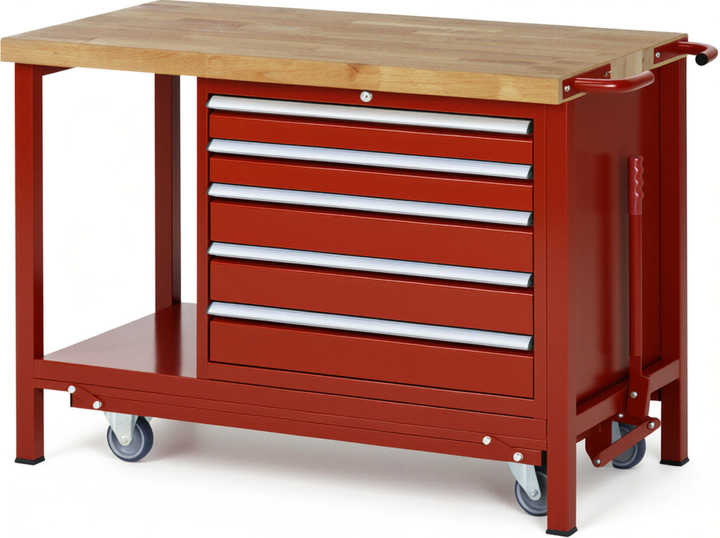 Absenkbare Werkbank Modell 8271 rot, BxTxH 1250x700x880 mm,  Buche-Massiv Arbeitsplatte 40 mm,  5 Schubladen mit  Auszug 90 %