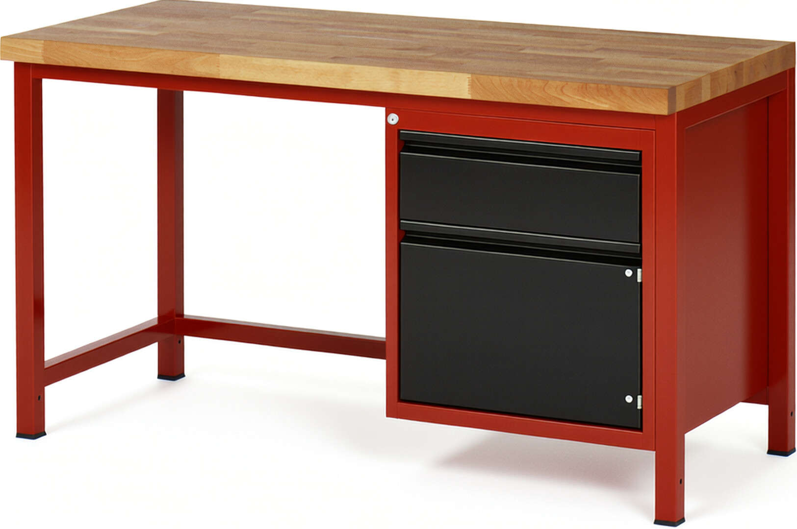 Werkbank rot - schwarz, BxTxH 1500x700x840-1040 mm, Platte Buche 40 mm, 1 Schublade 180 mm, 1 Tür 360 mm, RAL 3000/9011