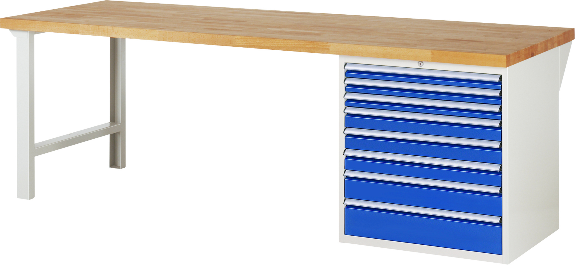 Werkbank Modell 7619 rot - schwarz, BxTxH 2500x900x890 mm,  Buche-Massiv Arbeitsplatte 40 mm,  8 Schubladen mit  Auszug 90 %