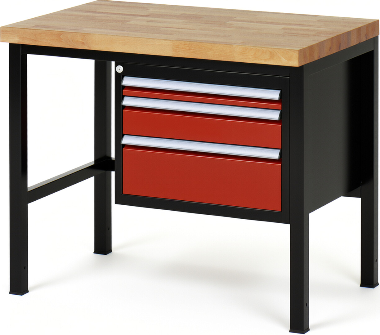 Werkbank Modell 8126 schwarz-rot, BxTxH 1000x700x840-1040 mm,  Buche-Massiv Arbeitsplatte 40 mm,  3 Schubladen mit  Vollauszug 100 % und  SoftClosing