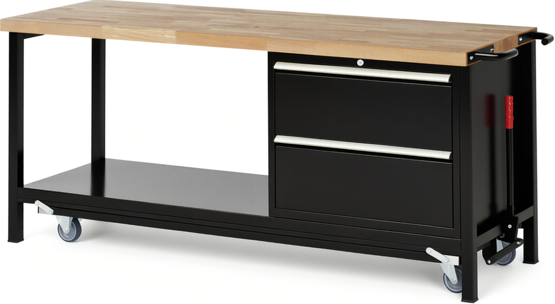 Absenkbare Werkbank Modell 8255 schwarz, BxTxH 2000x700x880 mm,  Buche-Massiv Arbeitsplatte 40 mm,  2 Schubladen mit  Vollauszug 100 % und  SoftClosing
