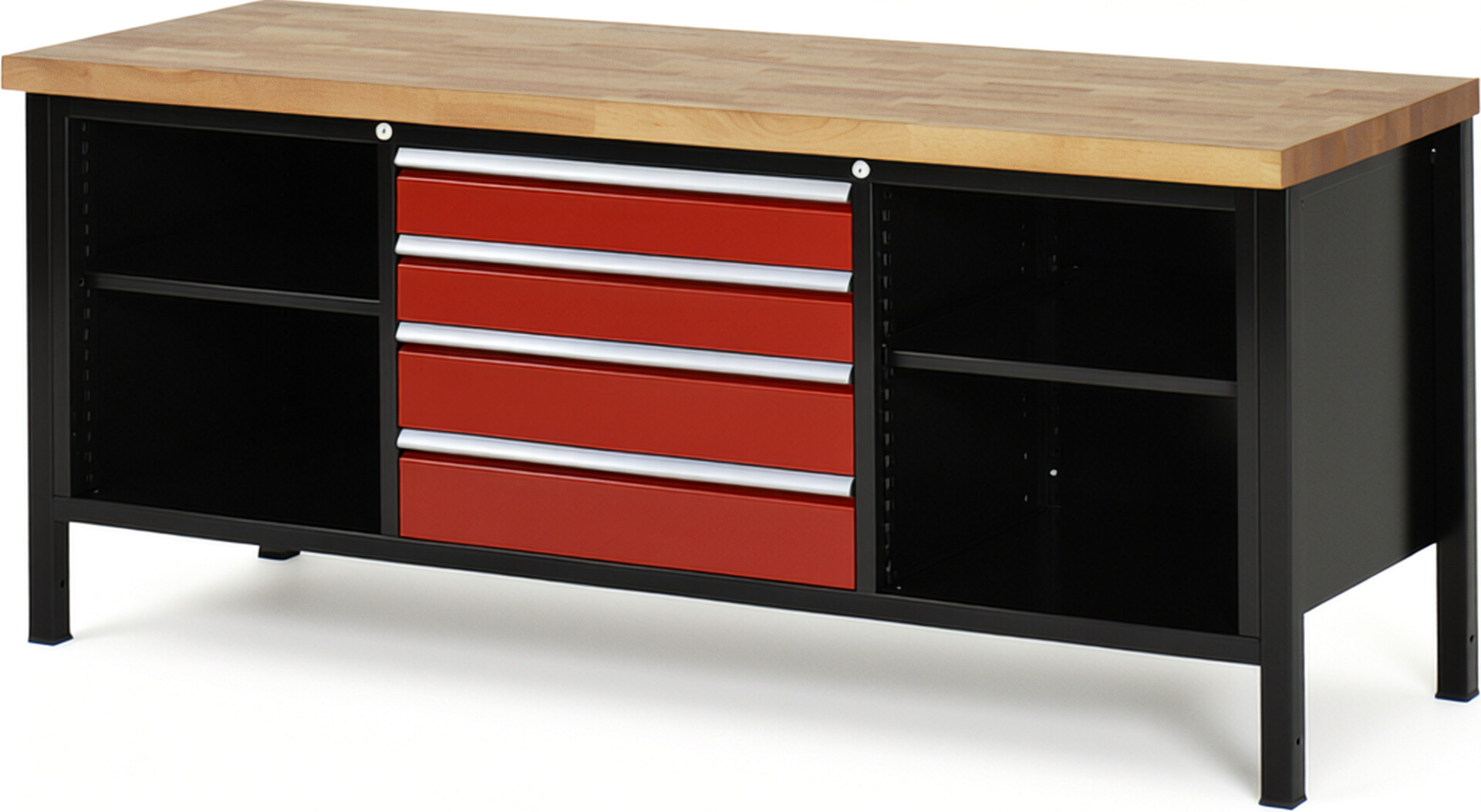 RAU Werkbank schwarz - rot - Breite 200 cm - Tiefe 70 cm - Höhe 104 cm - Buche-Massiv Arbeitsplatte 40 mm