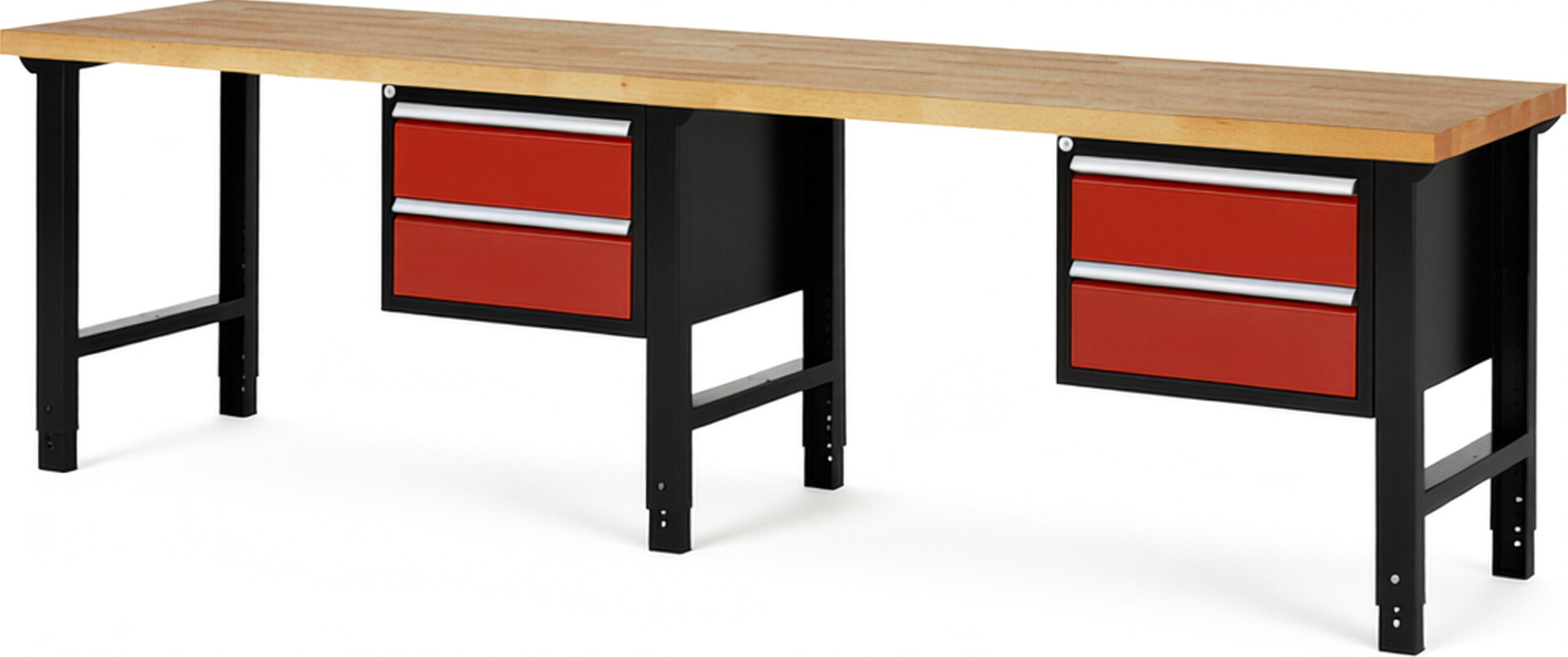 RAU Werkbank schwarz - rot - Breite 300 cm - Tiefe 70 cm - Höhe 114 cm - Buche-Massiv Arbeitsplatte 40 mm