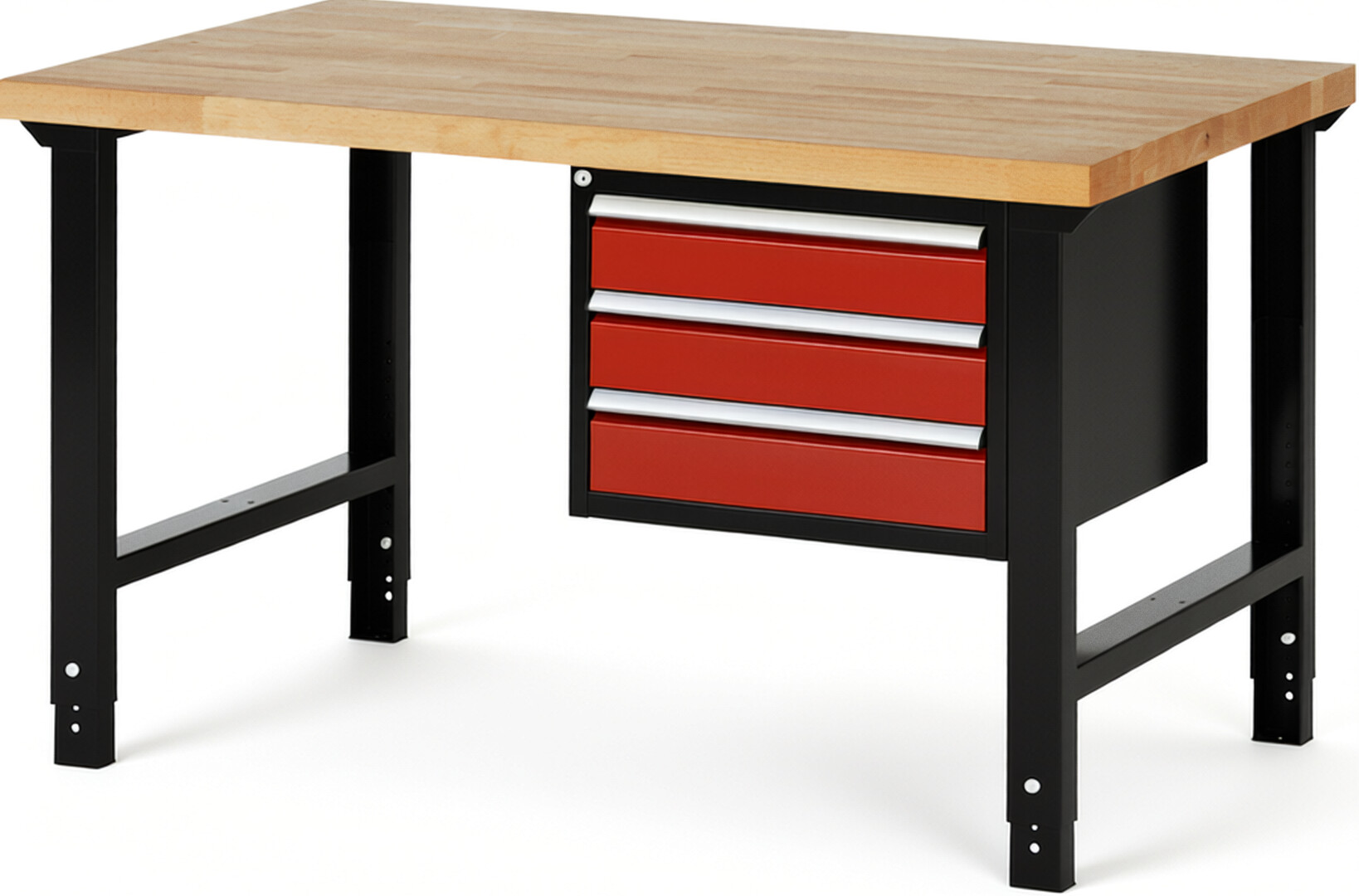 RAU Werkbank schwarz - rot - Breite 150 cm - Tiefe 90 cm - Höhe 114 cm - Buche-Massiv Arbeitsplatte 40 mm