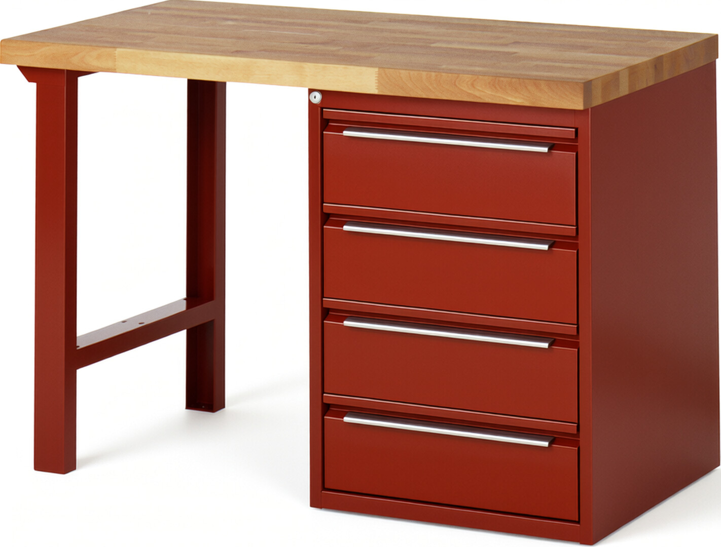 Werkbank rot, BxTxH 1250xT700xH890 mm, Platte Buche 40 mm 40 mm, 4 Schubladen 180 mm, RAL 3000/3000