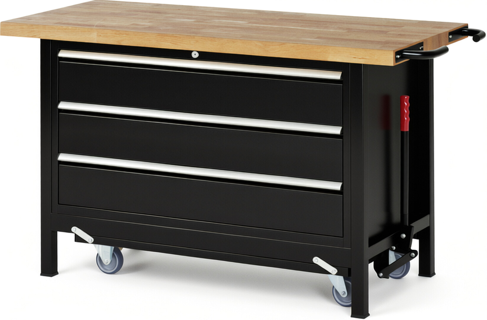 Absenkbare Werkbank Modell 8357 schwarz, BxTxH 1500x700x880 mm,  Buche-Massiv Arbeitsplatte 40 mm,  3 Schubladen mit  Auszug 90 %