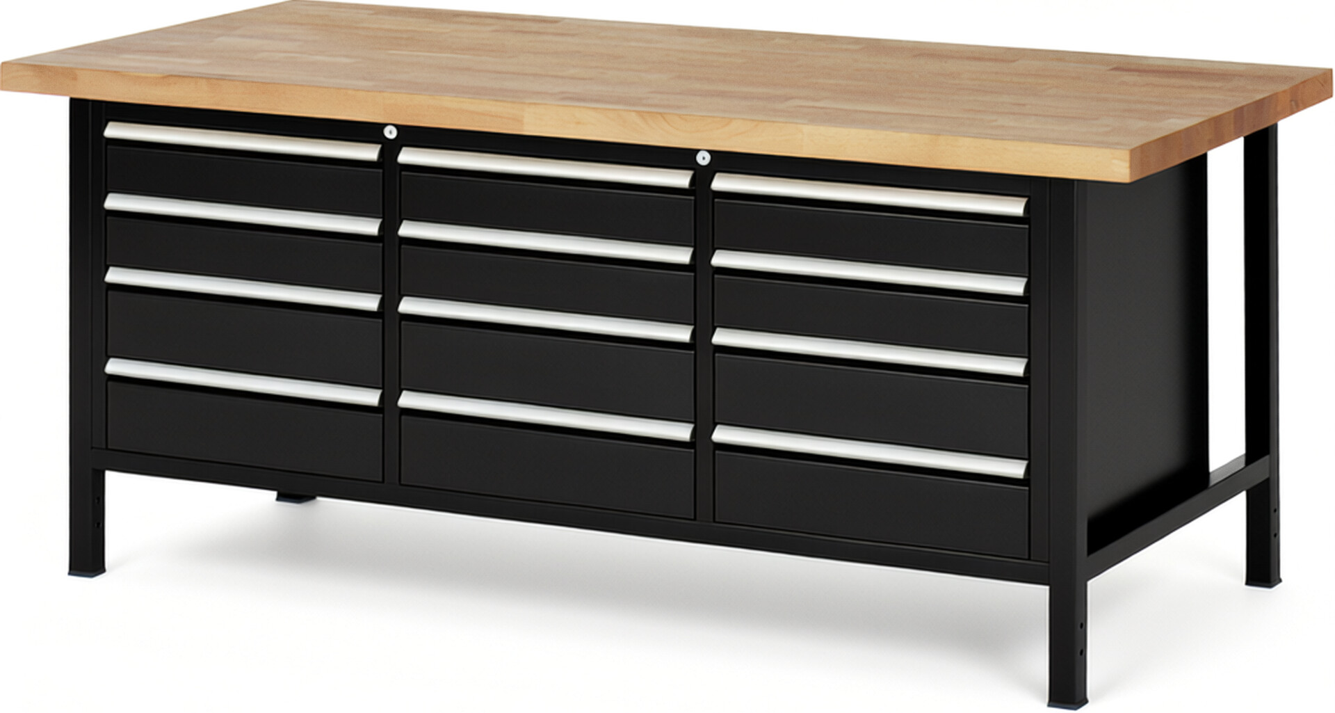 Werkbank Modell 8579 schwarz, BxTxH 2000x900x840-1040 mm,  Buche-Massiv Arbeitsplatte 40 mm,  12 Schubladen mit  Auszug 90 %