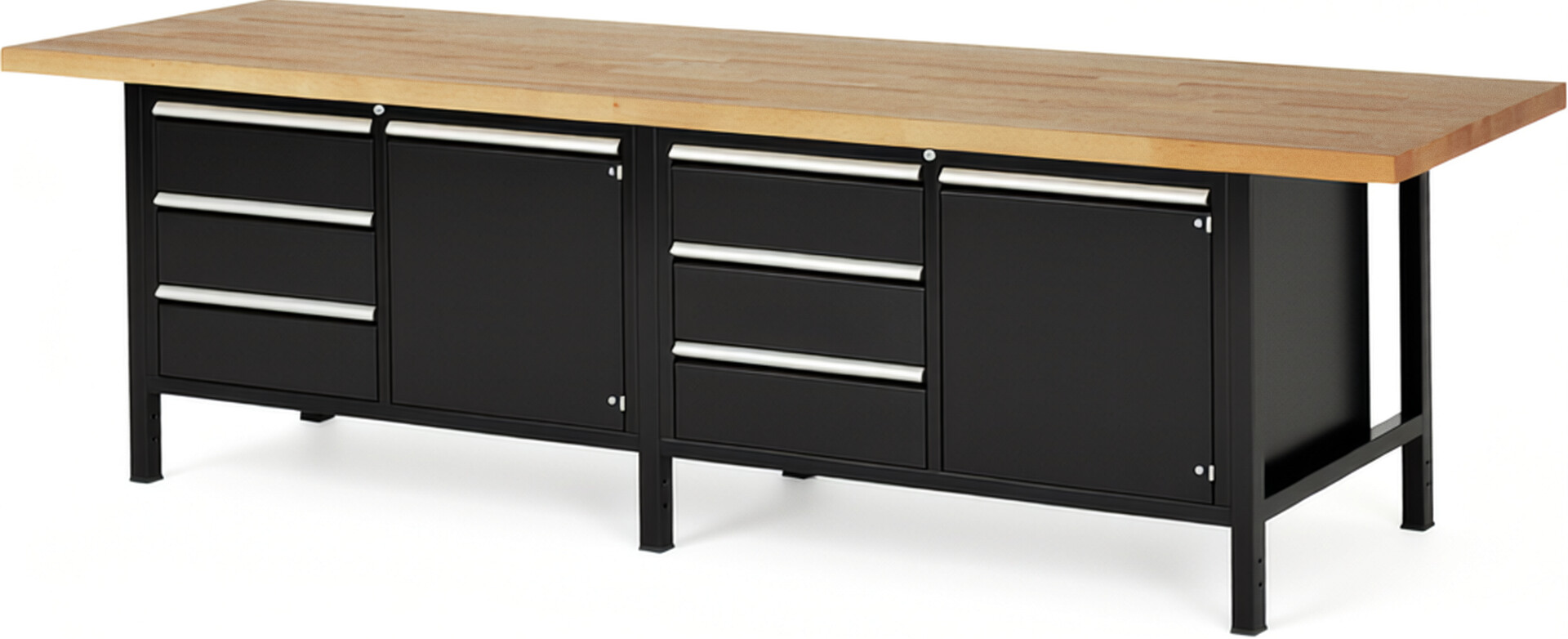 Werkbank Modell 8468 schwarz, BxTxH 3000x900x840 mm,  Buche-Massiv Arbeitsplatte 40 mm,  6 Schubladen mit  Vollauszug 100 % und  SoftClosing