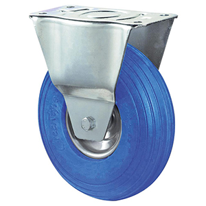 Transportgeräte-Bockrolle, Polyurethan blau, Durchm. 260 mm, Traglast 160 kg, Rollenlager, Anschraubplatte, pannensicher