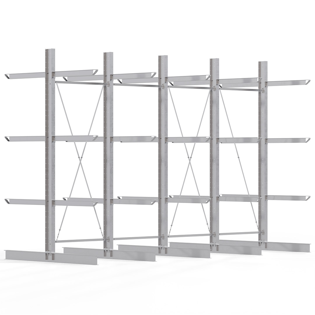 Kragarmregal KARL heavy - feuerverzinkt - Breite: 600 cm - Höhe: 400 cm - Tiefe: 120 cm - Traglast je Kragarm: 800 kg - beidseitig