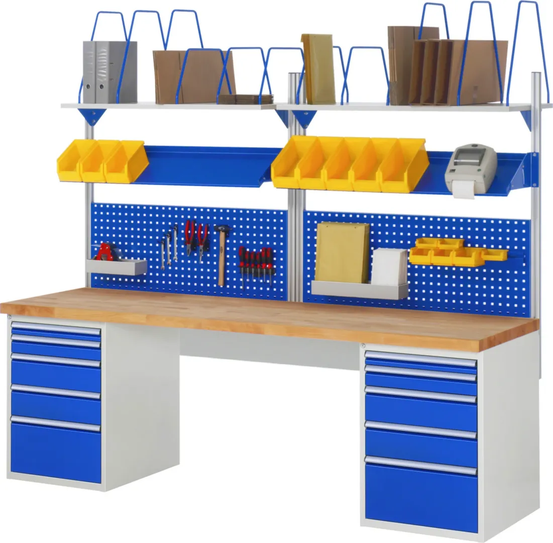 Werkbank Modell 7510 schwarz, BxTxH 2500x900x890 mm,  Buche-Massiv Arbeitsplatte 40 mm,  8 Schubladen mit  Vollauszug 100 % und  SoftClosing