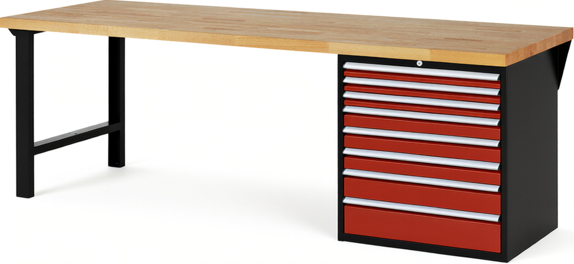 RAU Werkbank schwarz - rot - Breite 250 cm - Tiefe 90 cm - Höhe 89 cm - Buche-Massiv Arbeitsplatte 40 mm