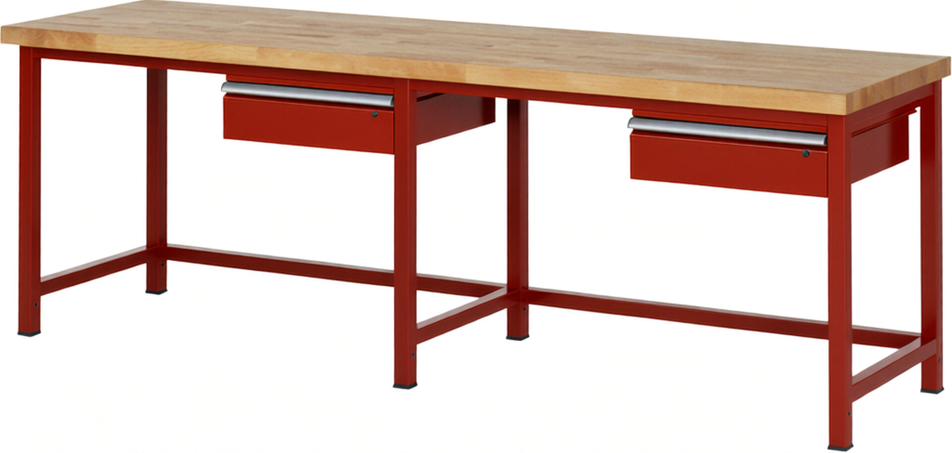 Werkbank Modell 8001 rot, BxTxH 2500x700x840-1040 mm,  Buche-Massiv Arbeitsplatte 40 mm,  2 Schubladen mit  Auszug 90 %