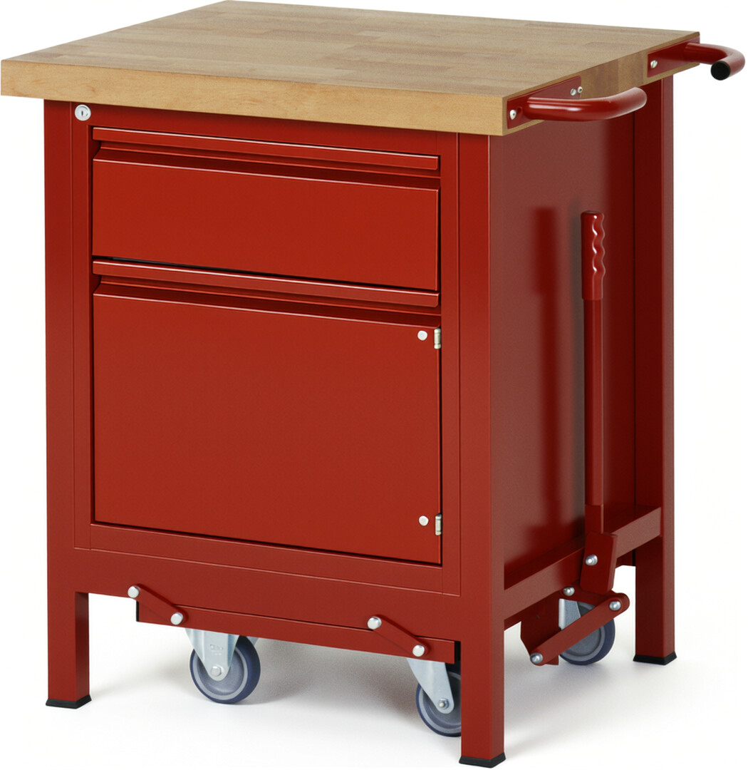 Absenkbare Werkbank - Modell 8152 BASIC rot, BxTxH 750x700x880 mm,  Buche-Massiv Arbeitsplatte 40 mm,  1 Schublade mit  Auszug 90 %