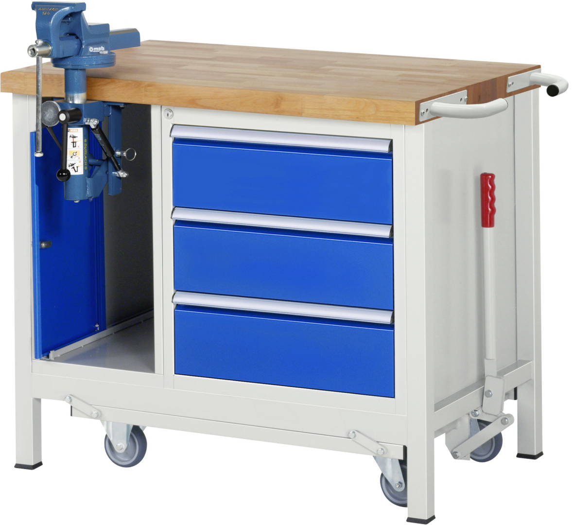 Absenkbare Werkbank Modell 8183 rot - schwarz, BxTxH 1000x700x880 mm,  Buche-Massiv Arbeitsplatte 40 mm,  3 Schubladen mit  Vollauszug 100 % und  SoftClosing