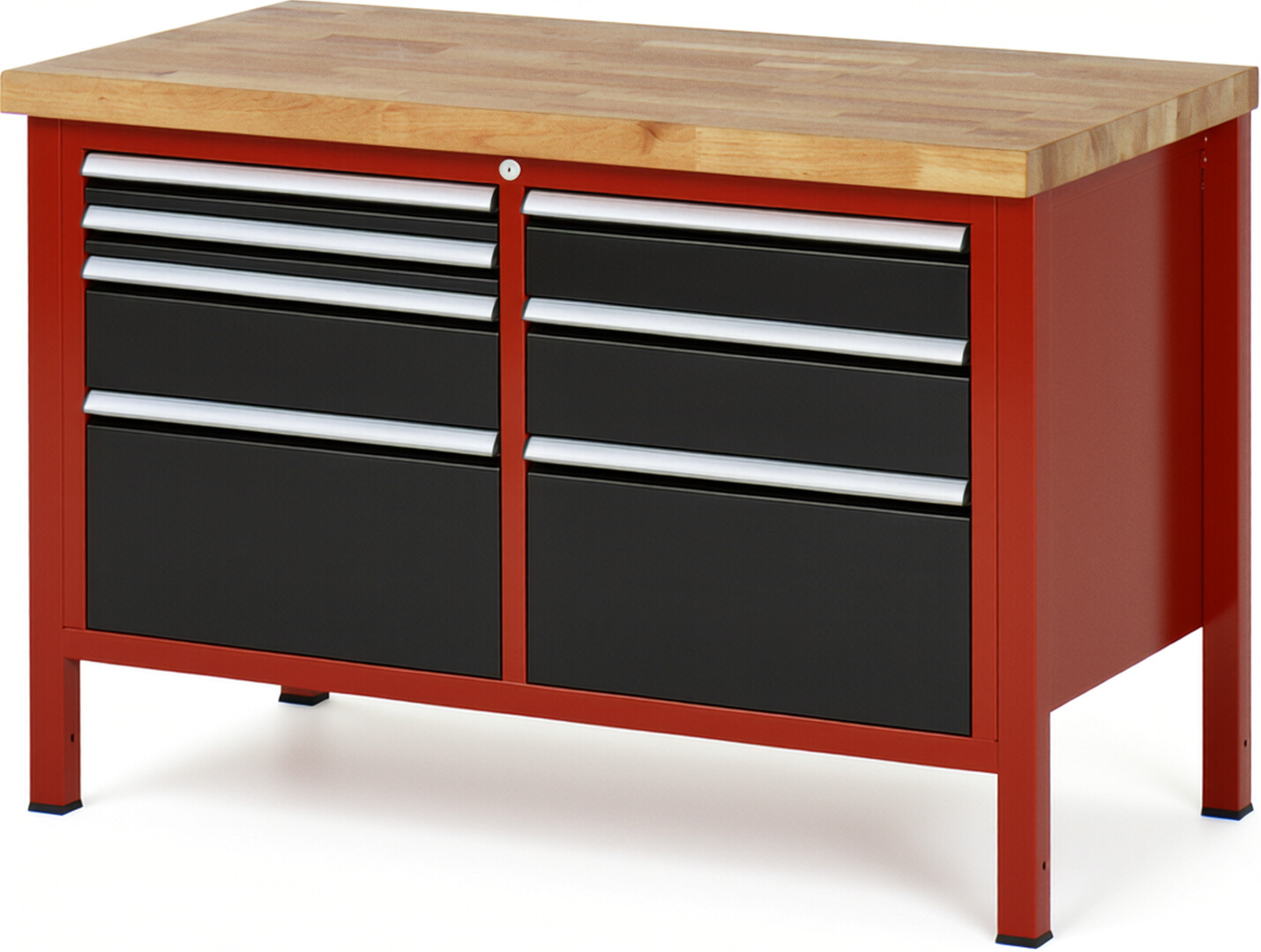 Werkbank Modell 8476 rot - schwarz, BxTxH 1250x700x840-1040 mm,  Buche-Massiv Arbeitsplatte 40 mm,  7 Schubladen mit  Vollauszug 100 % und  SoftClosing