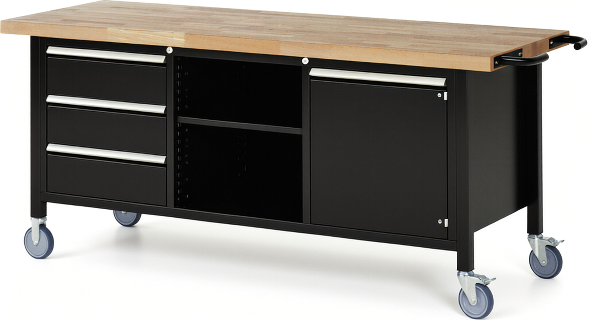 Fahrbare Werkbank Modell 8563 schwarz, BxTxH 2000x700x880 mm,  Buche-Massiv Arbeitsplatte 40 mm,  3 Schubladen mit  Auszug 90 %