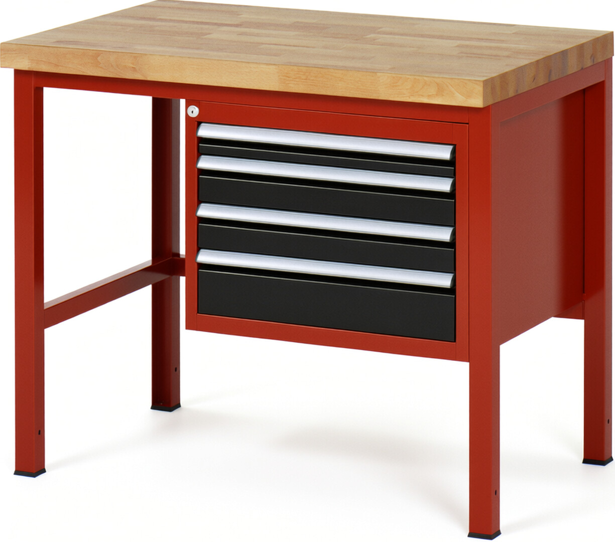 Werkbank Modell 8132 rot - schwarz, BxTxH 1000x700x840 mm,  Buche-Massiv Arbeitsplatte 40 mm,  4 Schubladen mit  Auszug 90 %