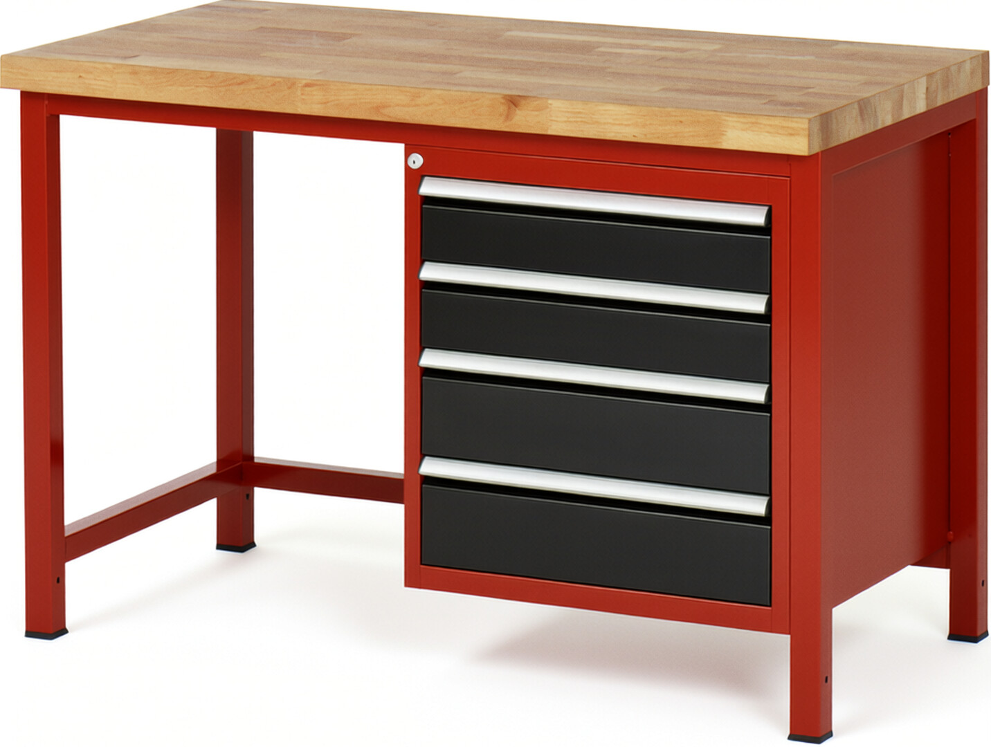 RAU Werkbank rot - schwarz - Breite 125 cm - Tiefe 70 cm - Höhe 104 cm - Buche-Massiv Arbeitsplatte 40 mm