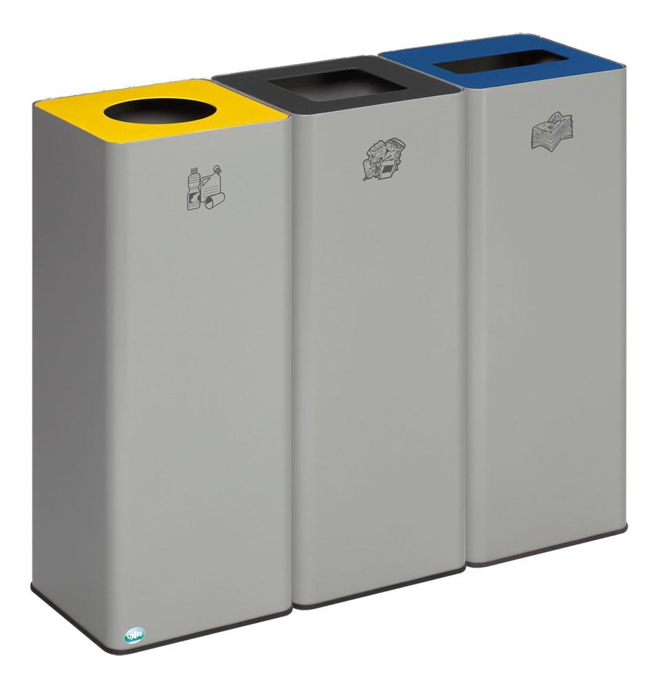 Wertstoffsammler-Set, 3 x Wertstoffsammler, BxTxH 320x320x700 mm, Korpus silber, Aufsätze gelb, enzianblau, anthrazit