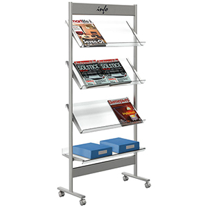 Prospektregal aus Stahl, Prospektständer, 4 Böden aus Acrylglas für 12 x DIN A4, BxTxH 710x350x1600 mm, fahrbar, alusilber