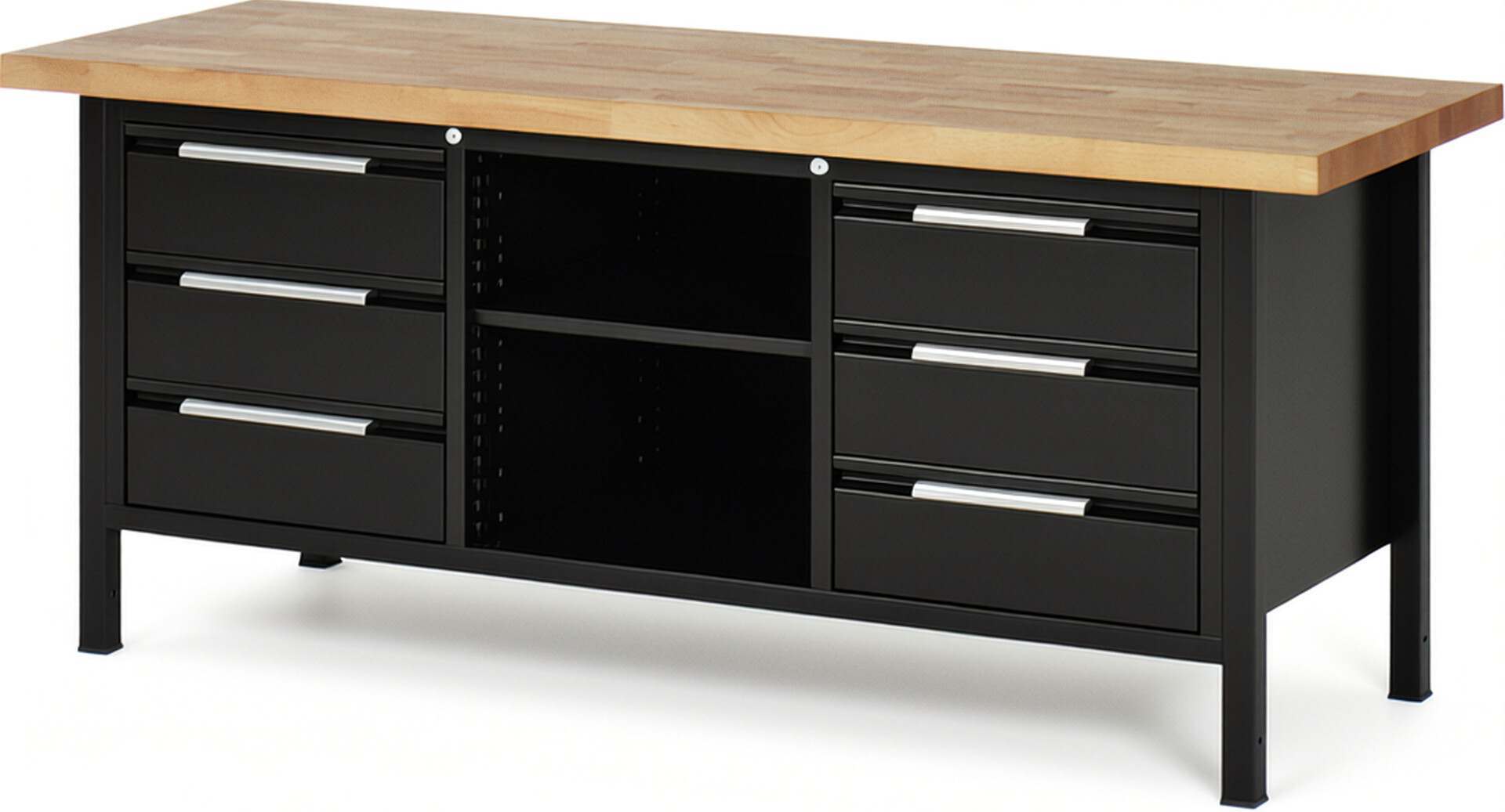 Werkbank - Modell 8581 BASIC schwarz, BxTxH 2000x700x840-1040 mm,  Buche-Massiv Arbeitsplatte 40 mm,  6 Schubladen mit  Auszug 90 %