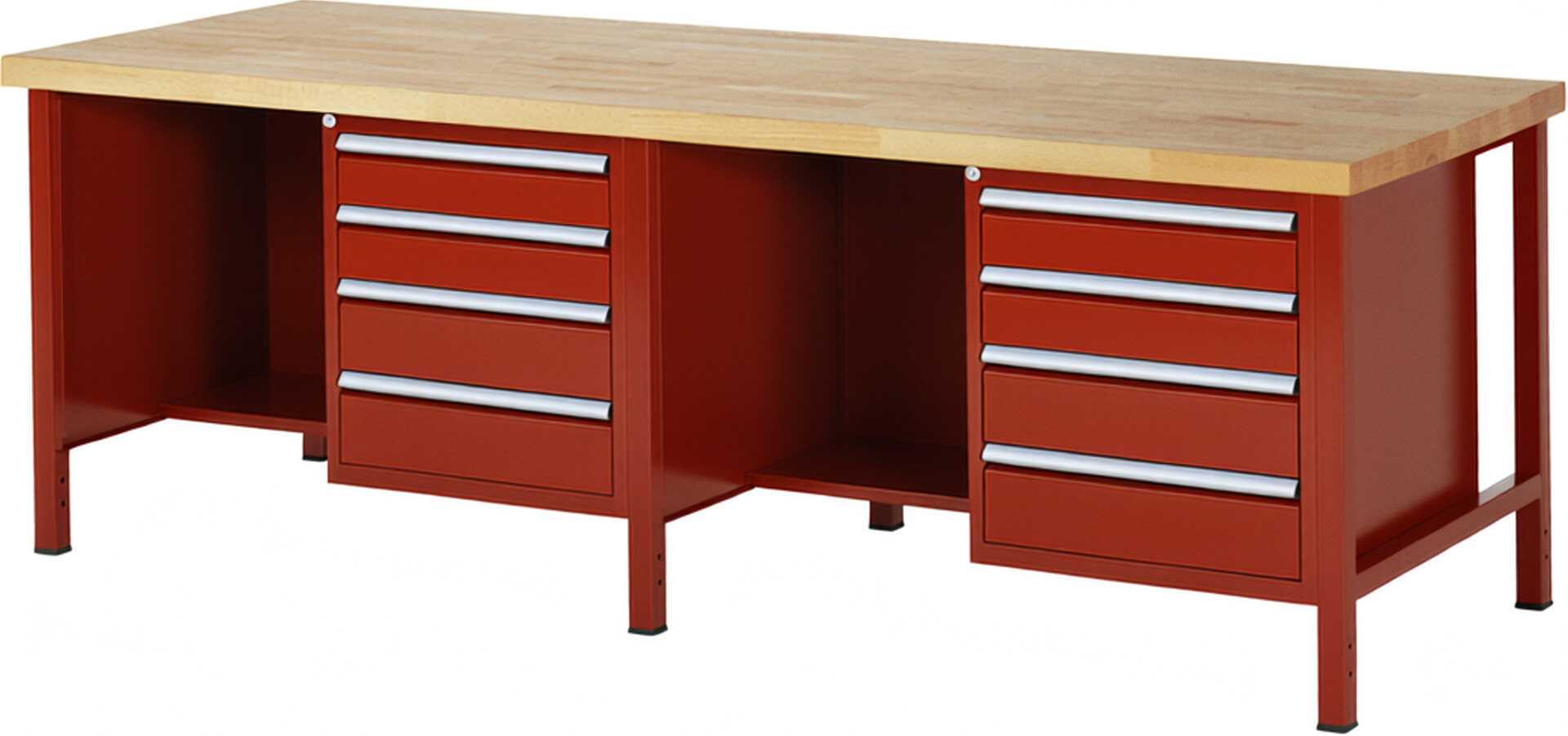 Werkbank Modell 8453 rot, BxTxH 2500x900x840-1040 mm,  Buche-Massiv Arbeitsplatte 40 mm,  8 Schubladen mit  Auszug 90 %