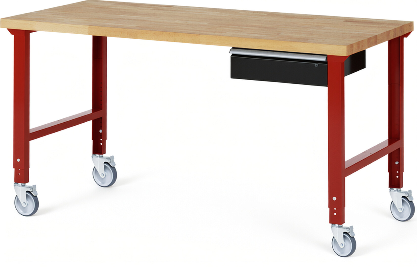 Fahrbare Werkbank Modell 7001 rot - schwarz, BxTxH 2000x900x950-1000 mm,  Buche-Massiv Arbeitsplatte 40 mm,  1 Schublade mit  Auszug 90 %