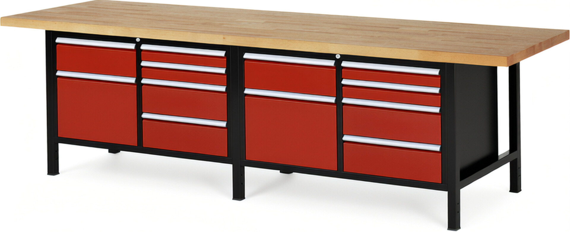 RAU Werkbank schwarz - rot - Breite 300 cm - Tiefe 90 cm - Höhe 104 cm - Buche-Massiv Arbeitsplatte 40 mm