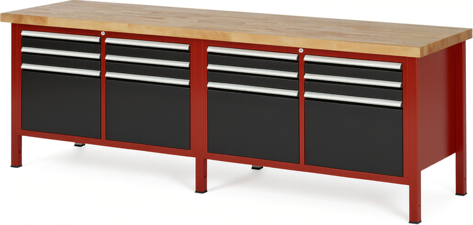 RAU Werkbank rot - schwarz - Breite 250 cm - Tiefe 70 cm - Höhe 104 cm - Buche-Massiv Arbeitsplatte 40 mm