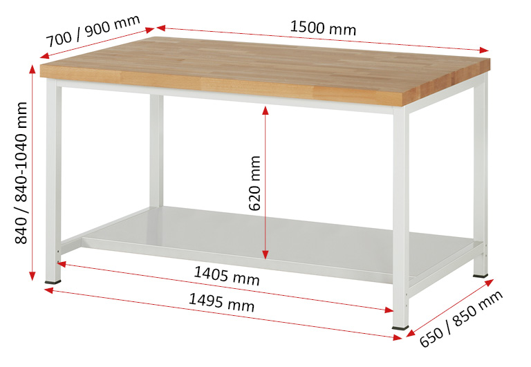 Werkbank Modell 8000,  BxTxH 1500x900x840-1040 mm,  Buche-Massiv Arbeitsplatte 40 mm