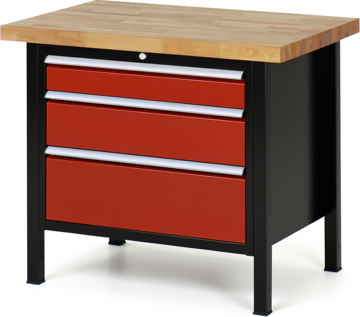 RAU Werkbank schwarz - rot - Breite 100 cm - Tiefe 70 cm - Höhe 84 cm - Buche-Massiv Arbeitsplatte 40 mm