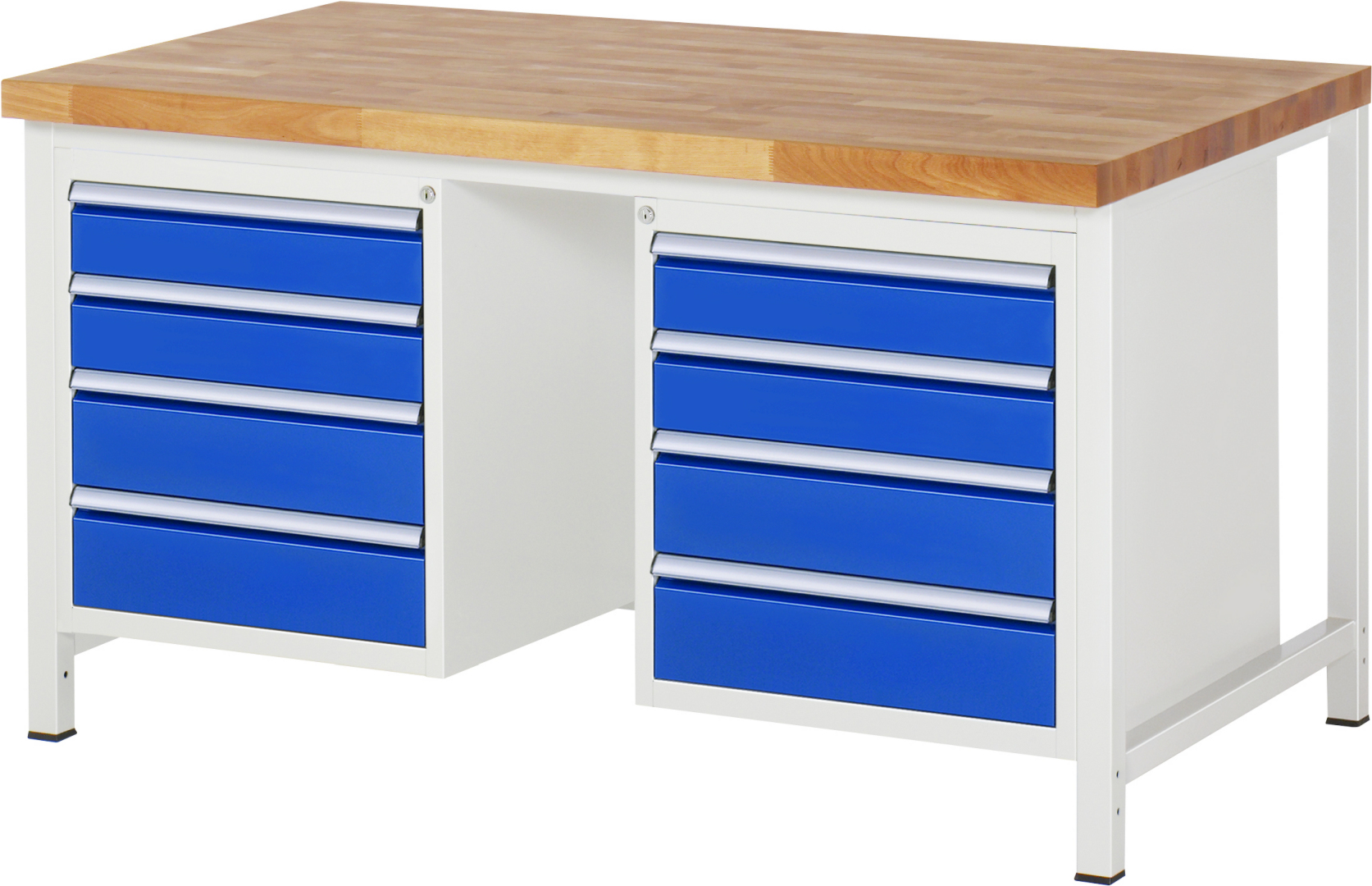 Werkbank Modell 8181 schwarz, BxTxH 1500x900x840 mm,  Buche-Massiv Arbeitsplatte 40 mm,  8 Schubladen mit  Vollauszug 100 % und  SoftClosing