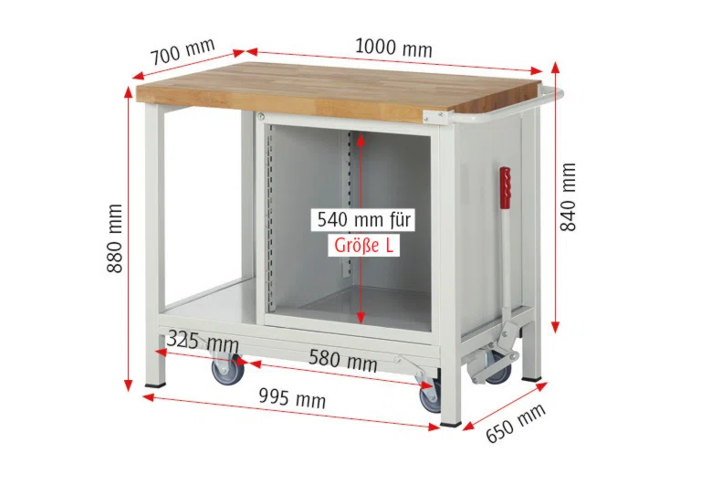 Absenkbare Werkbank Modell 8171 rot - schwarz, BxTxH 1000x700x880 mm,  Buche-Massiv Arbeitsplatte 40 mm,  5 Schubladen mit  Vollauszug 100 % und  SoftClosing