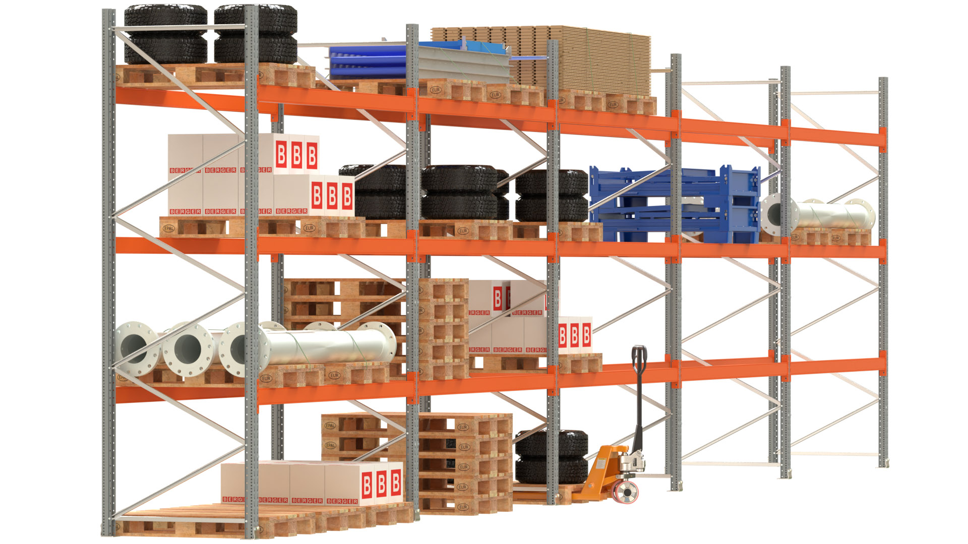 Palettenregal ARTUS - Breite 1401 cm - Höhe 350 cm - Tiefe 110 cm - 3 Träger-Ebenen - Fachlast 2000 kg - 60 Palettenstellplätze