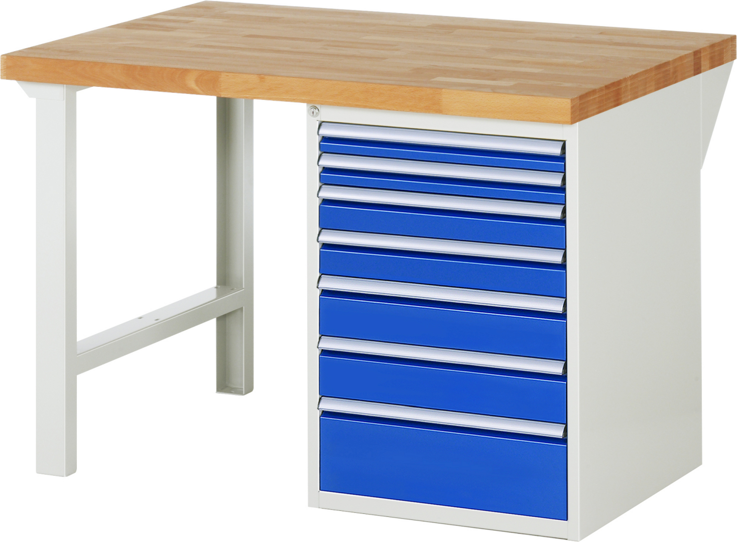 Werkbank Modell 7517 rot - schwarz, BxTxH 1250x900x890 mm,  Buche-Massiv Arbeitsplatte 40 mm,  7 Schubladen mit  Vollauszug 100 % und  SoftClosing