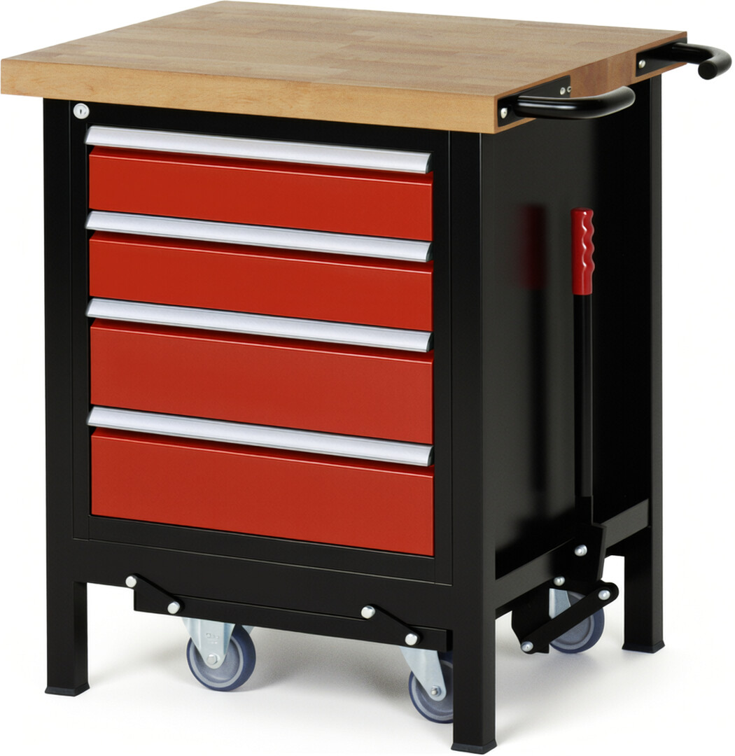 RAU Werkbank schwarz - rot - Breite 75 cm - Tiefe 70 cm - Höhe 88 cm - Buche-Massiv Arbeitsplatte 40 mm