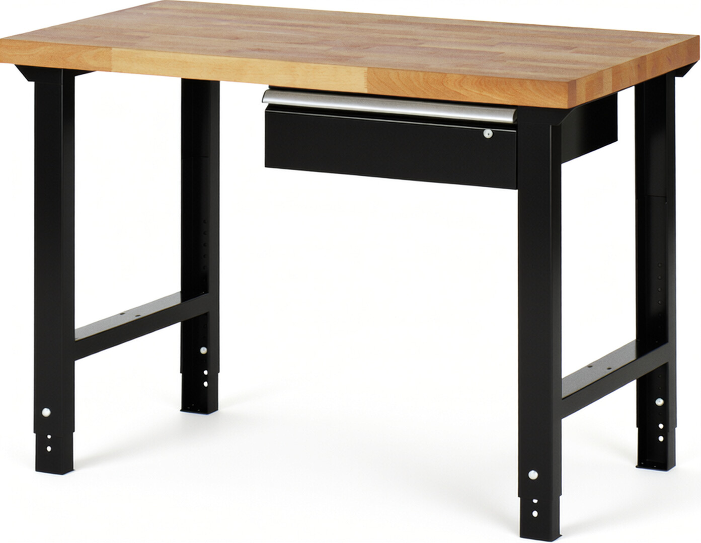 Werkbank Modell 7001 schwarz, BxTxH 1250x700x790-1140 mm,  Buche-Massiv Arbeitsplatte 40 mm,  1 Schublade mit  Auszug 90 %