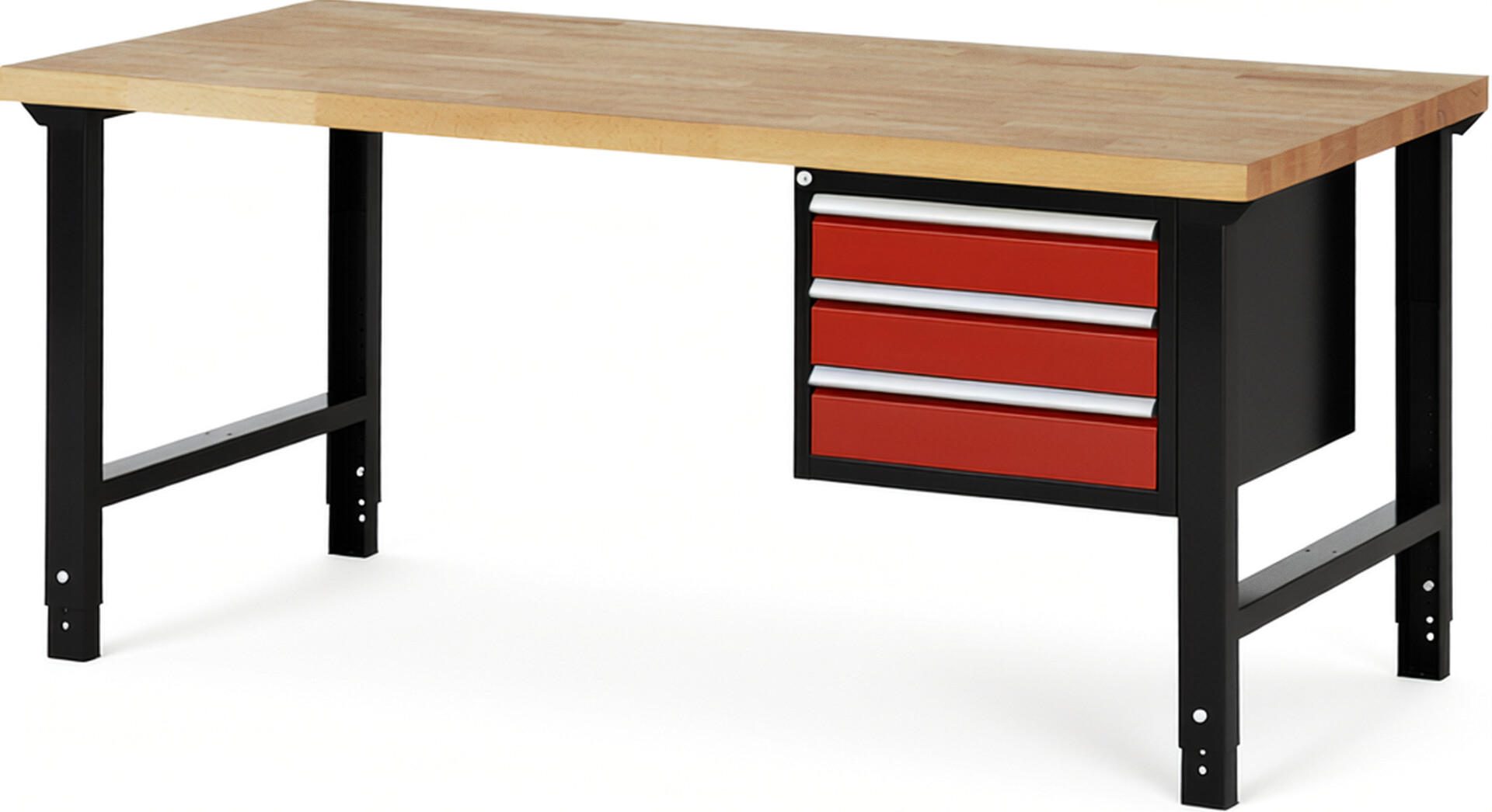 RAU Werkbank schwarz - rot - Breite 200 cm - Tiefe 90 cm - Höhe 114 cm - Buche-Massiv Arbeitsplatte 40 mm