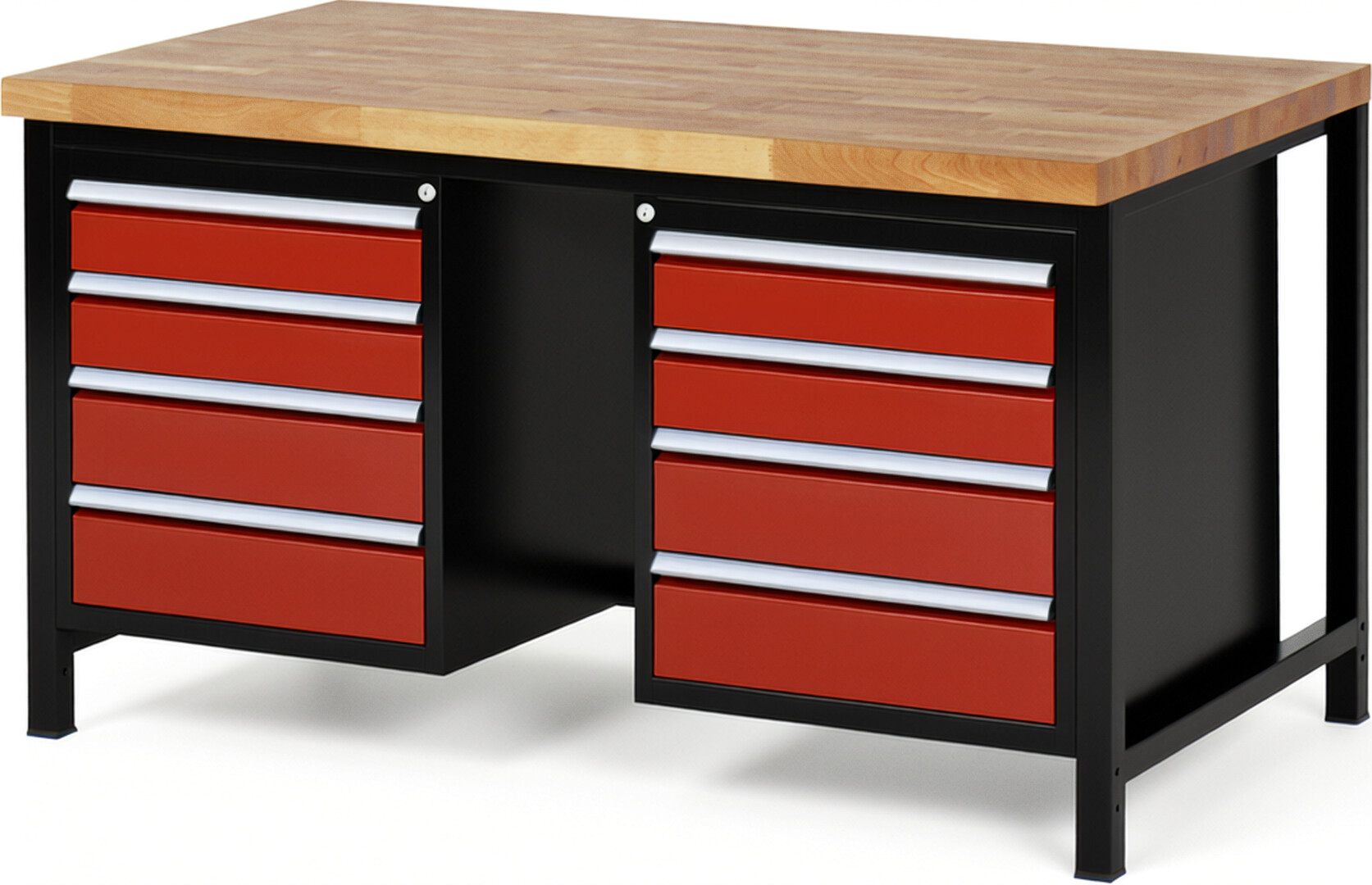 RAU Werkbank schwarz - rot - Breite 150 cm - Tiefe 90 cm - Höhe 84 cm - Buche-Massiv Arbeitsplatte 40 mm