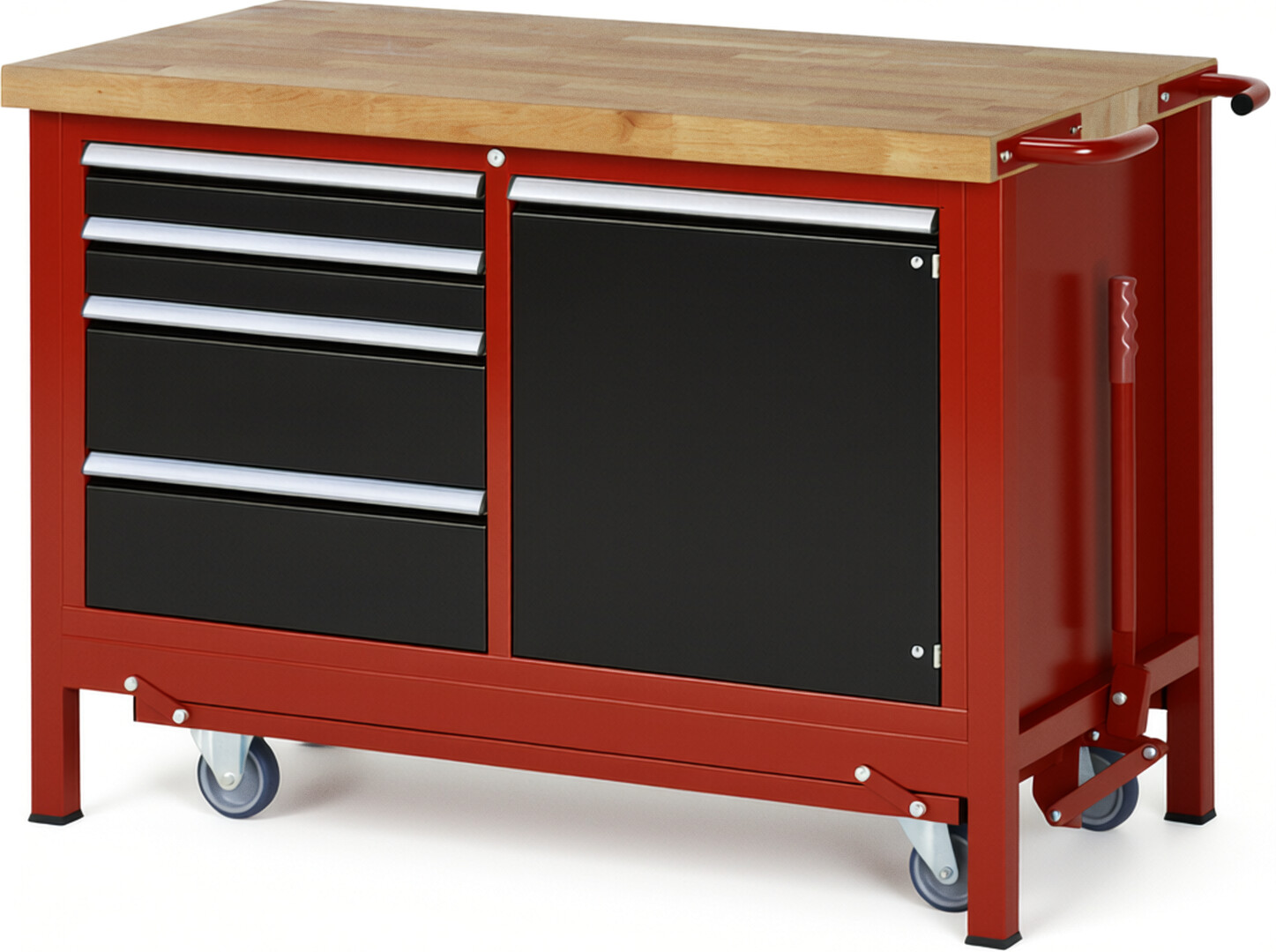 Absenkbare Werkbank Modell 8470 rot - schwarz, BxTxH 1250x700x880 mm,  Buche-Massiv Arbeitsplatte 40 mm,  4 Schubladen mit  Vollauszug 100 % und  SoftClosing