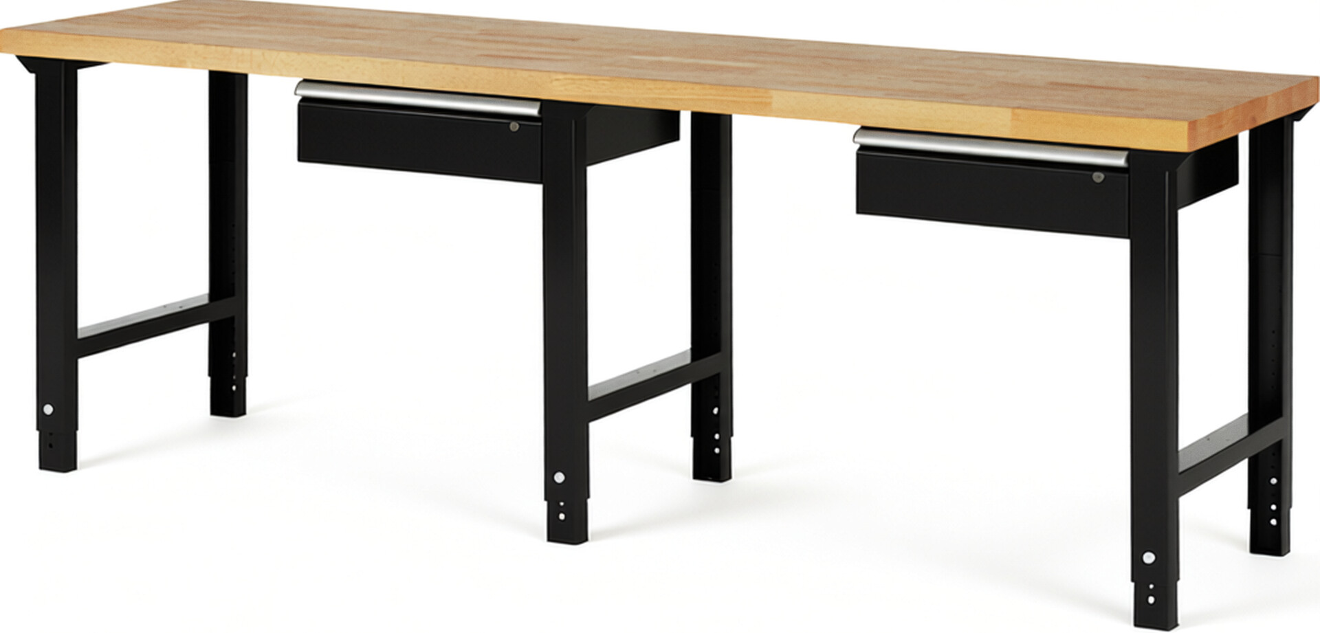 Werkbank Modell 7001 schwarz, BxTxH 2500x700x790-1140 mm,  Buche-Massiv Arbeitsplatte 40 mm,  2 Schubladen mit  Auszug 90 %