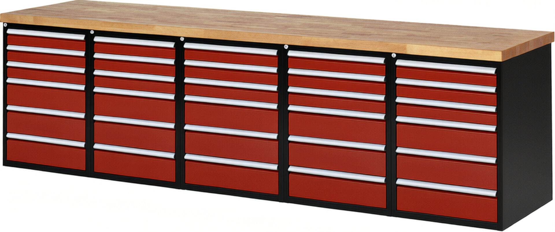 RAU Werkbank schwarz - rot - Breite 300 cm - Tiefe 70 cm - Höhe 84 cm - Buche-Massiv Arbeitsplatte 40 mm